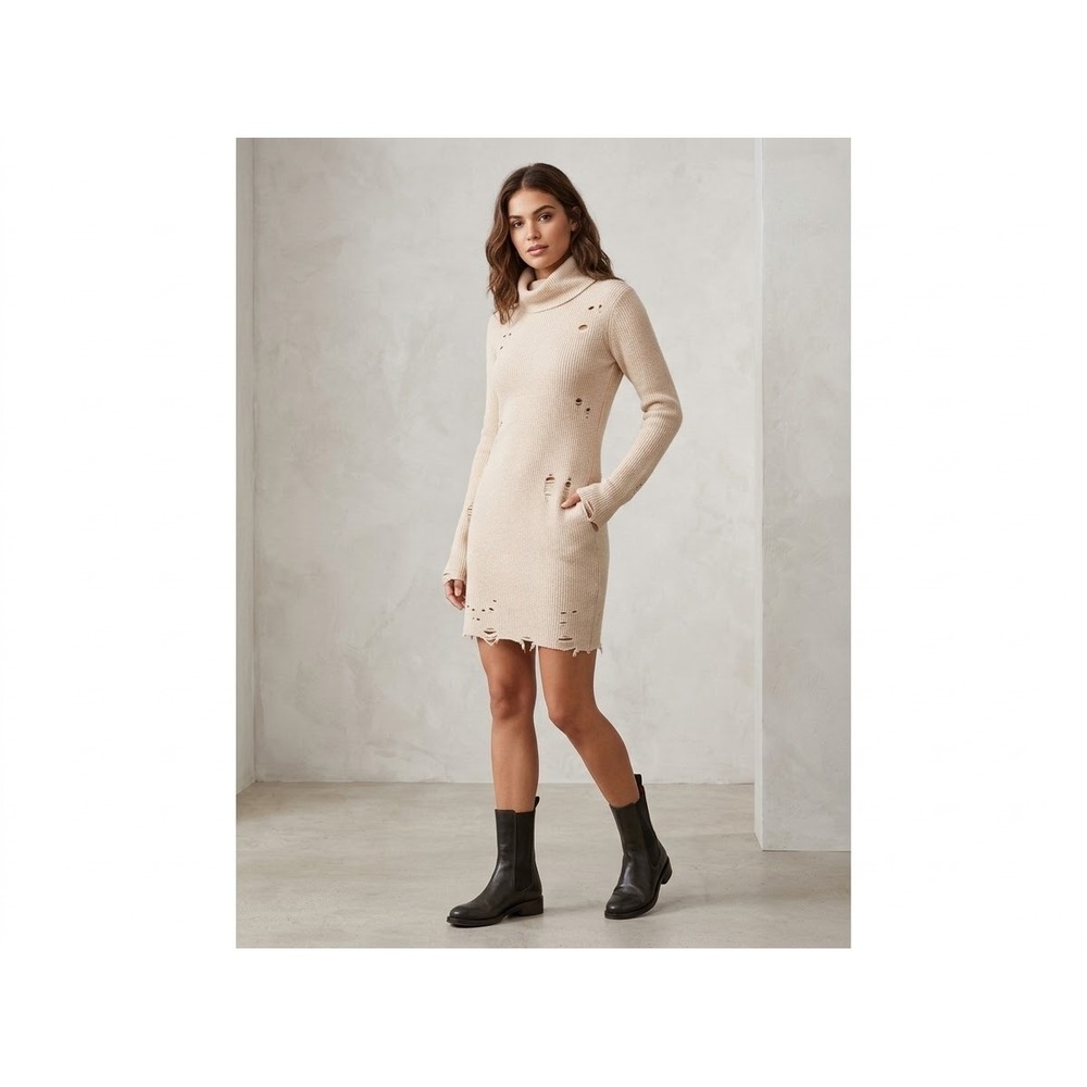 Lovers + Friends Distressed Turtleneck Sweater Dress Cream Wool Blend L Grunge